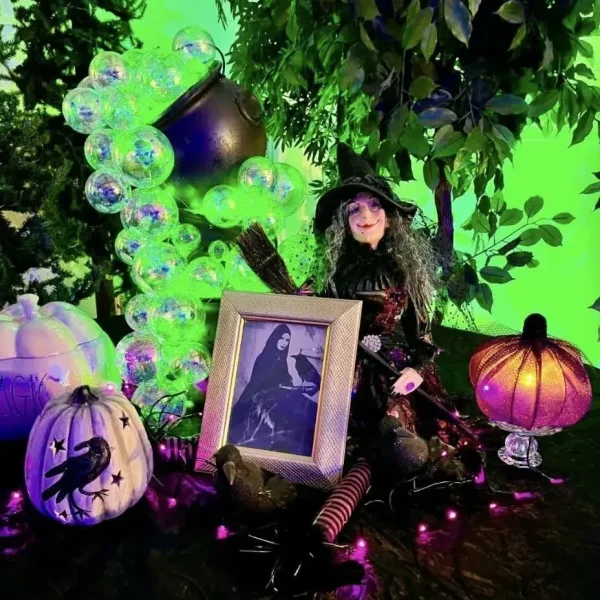 Halloween display featuring a witch doll, green glowing bubbling cauldron, decorative pumpkins, and framed witch photo