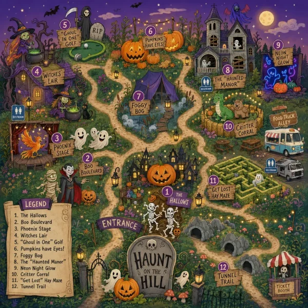 Illustrated map of Haunt on the Hill featuring 12 numbered Halloween-themed attractions connected by winding paths